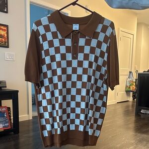 Urban Outfitters Brown and White Checkered Polo